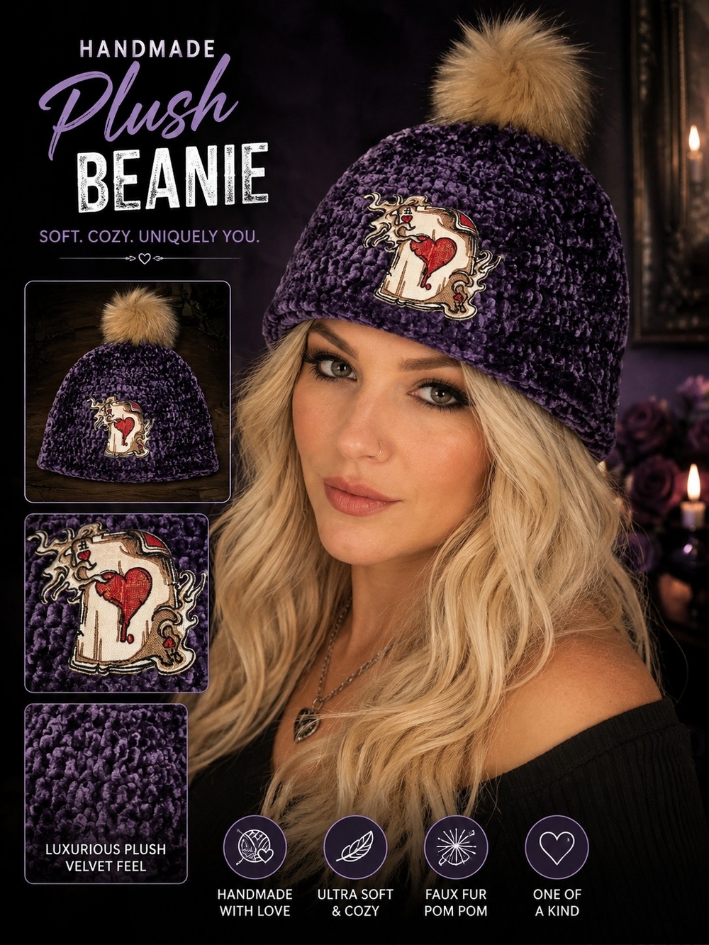 Plush Velvet Beanie with Faux Fur Pom - Purple